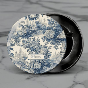 Badge Rond 2,50 Cm Vintage floral chic Bleu toile de jouy monogramme