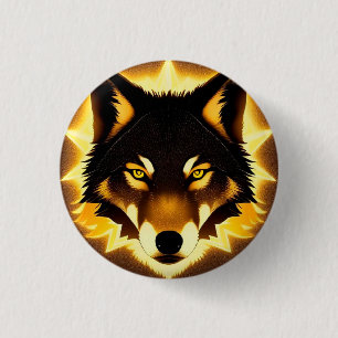 Badge Rond 2,50 Cm Visage de Loup Radieux Illuminé par une Lumière Do