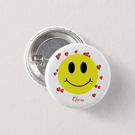 Badge Rond 2,50 Cm Visage Grin avec Coeurs rouges Personnalisé (Devant & derrière)