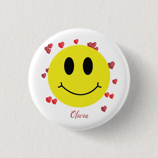 Badge Rond 2,50 Cm Visage Grin avec Coeurs rouges Personnalisé (Devant)