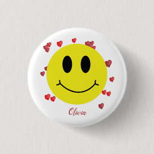 Badge Rond 2,50 Cm Visage Grin avec Coeurs rouges Personnalisé