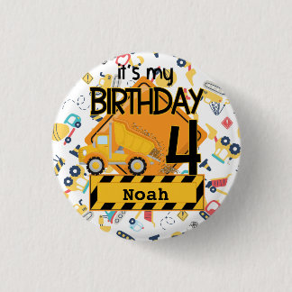 Badge Rond 2,50 Cm voiture camion de construction jaune 4e anniversai