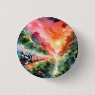 Badge Rond 2,50 Cm Voyage en train au coucher de soleil tropical aqua
