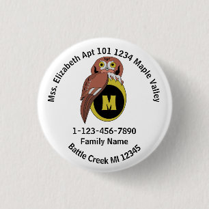 Badge Rond 2,50 Cm Whimiscal Owl Monogramme Famille perdue Adresse do