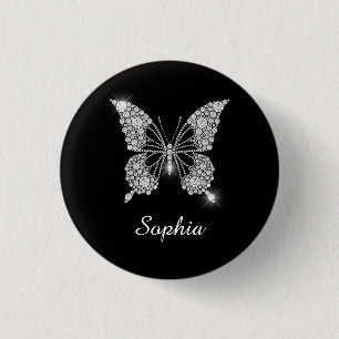Badge Rond 2,50 Cm White Diamond Butterfly, DIY Script Nom, Black