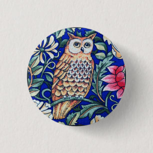 Badge Rond 2,50 Cm William Morris Owl Tapestry, Beige and Cobalt Blue