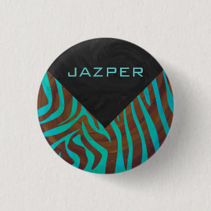 Badge Rond 2,50 Cm Zèbre Brown et Turquoise avec Monogramme