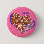 BADGE ROND 5 CM かわいいピンクの鮮やかなお花模様レトロハート♡ (Devant)