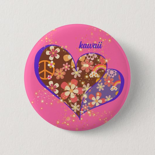 BADGE ROND 5 CM かわいいピンクの鮮やかなお花模様レトロハート♡ (Devant)