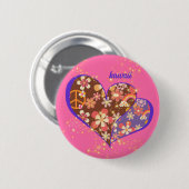 BADGE ROND 5 CM かわいいピンクの鮮やかなお花模様レトロハート♡ (Devant & derrière)
