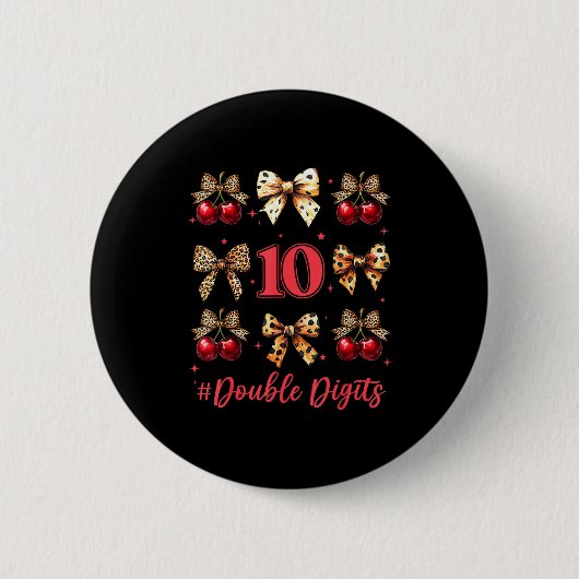 Badge Rond 5 Cm 10th Birthday Girl Cherry Leopard Coquette Bow 10 (Devant)