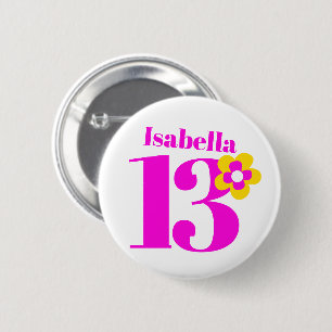 Badge Rond 5 Cm 13e anniversaire fille bouton rose/badge