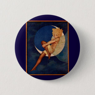 Badge Rond 5 Cm 1920 hosiery et belle femme sur la lune
