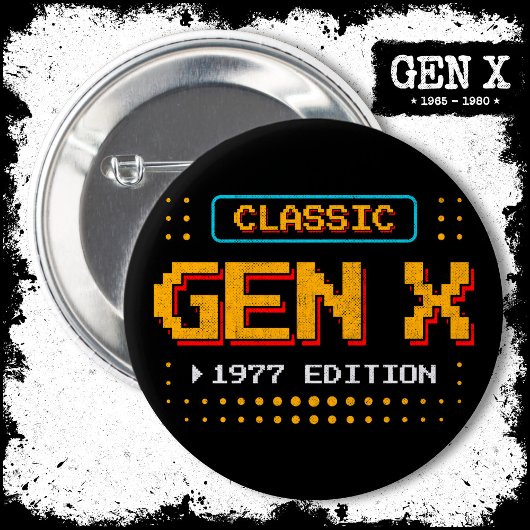 Badge Rond 5 Cm 1977 Gen X Classic Retro Gamer Jeu Anniversaire