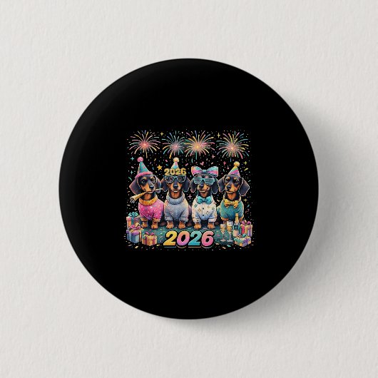 Badge Rond 5 Cm 2026 New Year Dachshund Party Fireworks Fun  (Devant)