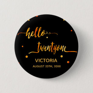 Badge Rond 5 Cm 21e anniversaire noir or nom date bonjour twentyon