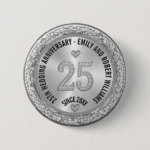 Badge Rond 5 Cm 25e Anniversaire de Mariage Diamants Blancs Argent