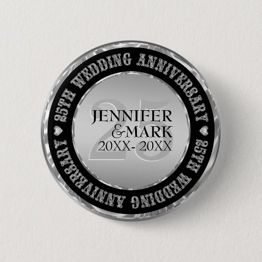 Badge Rond 5 Cm 25e anniversaire Mariage argent métallique et noir (Devant)