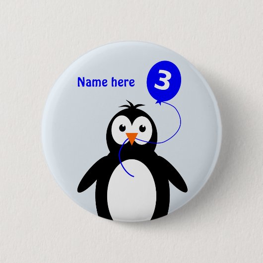 Badge Rond 5 Cm 3e anniversaire pingouin ajouter nom bleu (Devant)