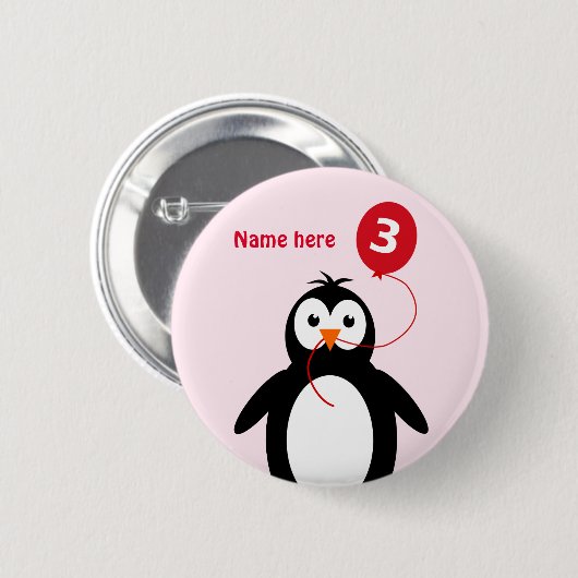 Badge Rond 5 Cm 3e anniversaire pingouin ajouter nom rose (Devant & derrière)