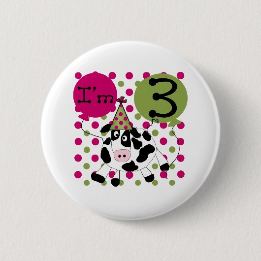 Badge Rond 5 Cm 3ème anniversaire de vache rose (Devant)