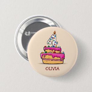 Badge Rond 5 Cm 4e anniversaire de la fille, 4 sur le gâteau rose
