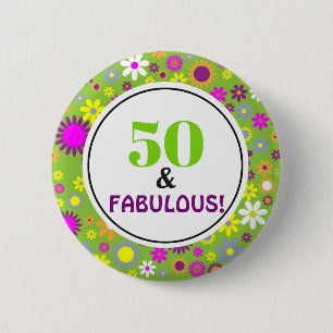 Badge Rond 5 Cm 50 et fabuleux anniversaire Vintage vert Floral