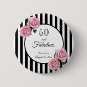 Badge Rond 5 Cm 50 roses roses roses noires rayures blanches (Devant)