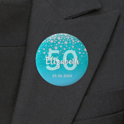 Badge Rond 5 Cm 50e anniversaire diamants parties scintillant bleu