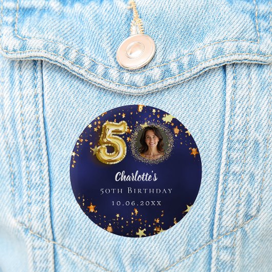 Badge Rond 5 Cm 50e anniversaire marine bleu or étoiles photo