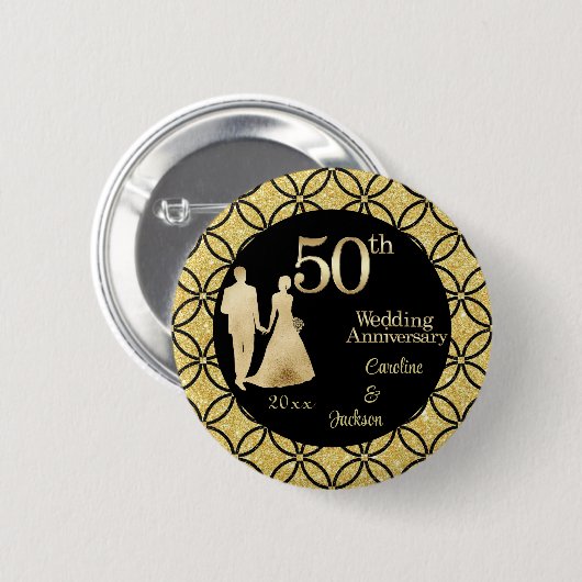 Badge Rond 5 Cm 50e Couple d'or Parties scintillant Mariage Annive (Devant & derrière)