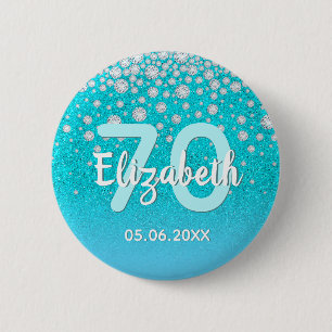 Badge Rond 5 Cm 70e anniversaire diamants parties scintillant bleu
