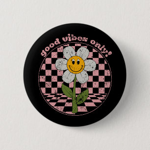 Badge Rond 5 Cm 70's Retro Daisy   Good Vibes Only