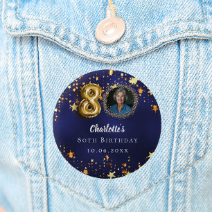 Badge Rond 5 Cm 80e anniversaire marine bleu or étoiles photo