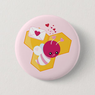 Badge Rond 5 Cm Abeille mignonne aux Coeurs de Saint-Valentin rose