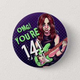 Badge Rond 5 Cm Ado Girl Electric Guitare Purple 14e anniversaire