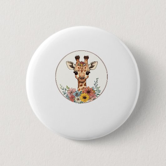 Badge Rond 5 Cm Adorable Giraffe Aux Fleurs (Devant)