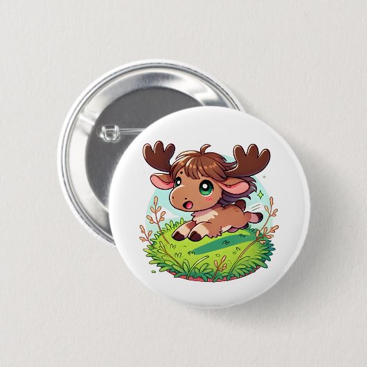 Badge Rond 5 Cm Adorable veau d'orignal traversant un champ (Devant & derrière)