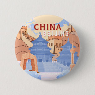 Badge Rond 5 Cm Affiche de voyage à Pékin Chine Pastel Bleu & Pê