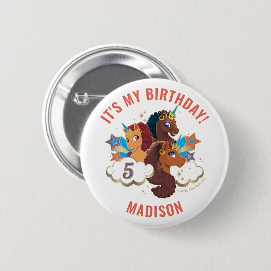 Badge Rond 5 Cm Afro Unicorn | Filles magiques Anniversaire (Devant & derrière)