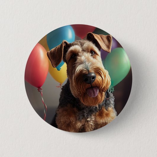 Badge Rond 5 Cm Airedale chien avec gâteau et ballons (Devant)