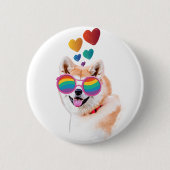 Badge Rond 5 Cm Akita Chien avec Coeurs Saint Valentin (Devant)
