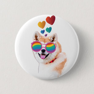 Badge Rond 5 Cm Akita Chien avec Coeurs Saint Valentin