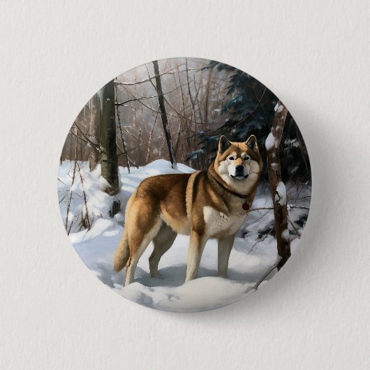 Badge Rond 5 Cm Akita Laisser Neige Noël (Devant)