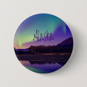 Badge Rond 5 Cm Alaska Northern Lights Mountains Lake