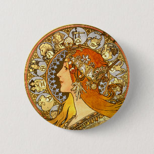 Badge Rond 5 Cm Alfonse Mucha Zodiac Art nouveau femme