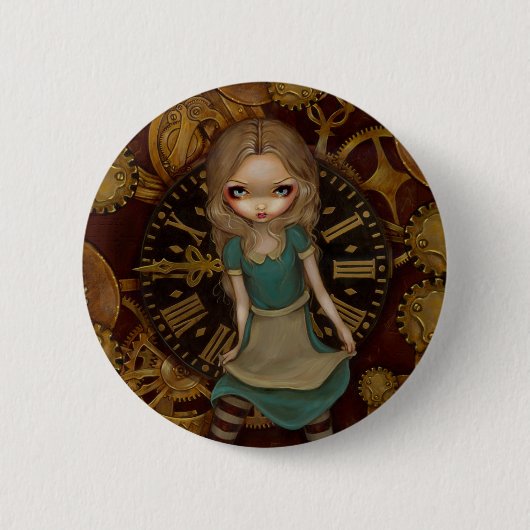 Badge Rond 5 Cm "Alice bouton dans rouages" (Devant)
