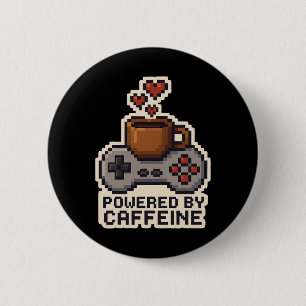 Badge Rond 5 Cm Alimenté par Caffeine Pixel Art Joueur Amateur de 