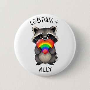 Badge Rond 5 Cm Alliance LGBTQIA+ Raccoon avec Rainbow Heart