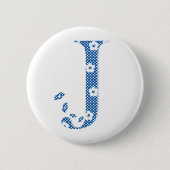 Badge Rond 5 Cm alphabet fleuri J (bleu et points) (Devant)